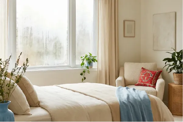 Ventana empañada por condensación en invierno
