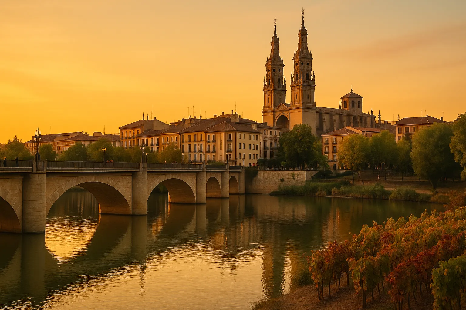 Logroño, La Rioja, al atardecer: puente sobre el río Ebro y la Concatedral de la Redonda